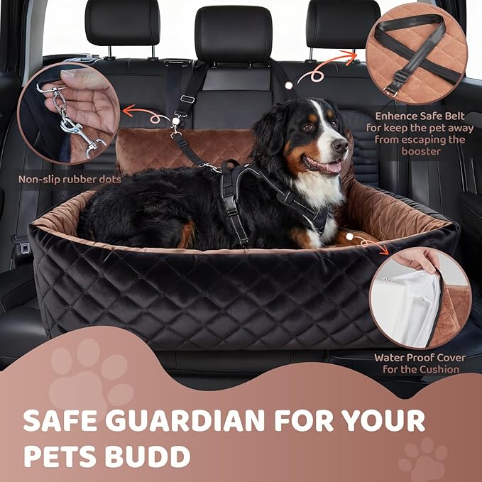 Garvee Dog Car Seat for Small,Medium Large Dog, Double Dogs Car Seat as Traval Bed, Waterproof Thick Cushion, Triple Belts & Harness, Portable Machine Washable Pets Booster Seat w/Side Pocket