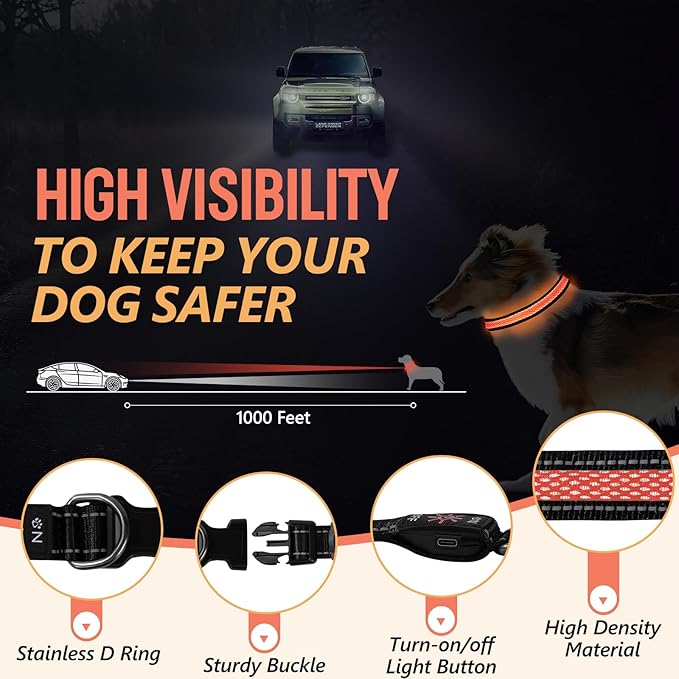 Led Dog Collar Rechargeable, Lighted Dog Collars for Night, Dog Collar Glow in The Dark Waterproof, Adjustable Light Up Collar for Small Dogs (Orange, Pack of 1, S)