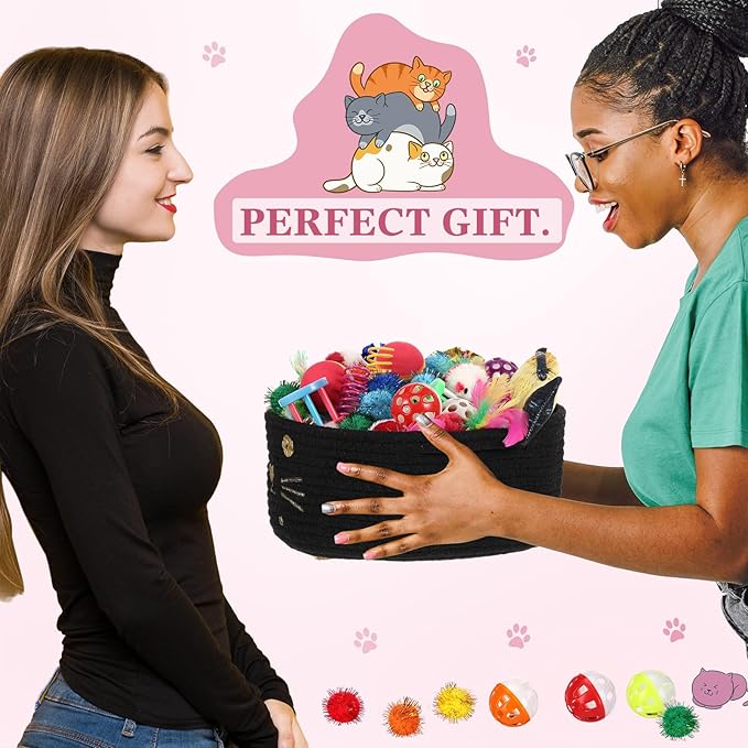 Zopeal 58 Pcs Cat Storage Basket Gift Toys Set, Colorful Flashing Balls Pet Bell Crinkle Balls Spring Toys Attract Cat to Swat, Hunt, Interactive for Pet(Black,9.8 Inch)