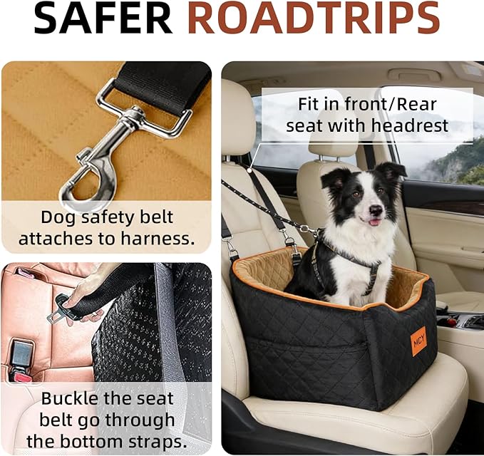 MCY Dog Car Seat for Small Dogs, Elevated Pet Car Seat, Travel Safety Pet Seat for Dogs up to 35 lbs, Memory Foam Booster Dog Seat with Washable Removable Cover, Storage Pockets, Black (Black-Brown)