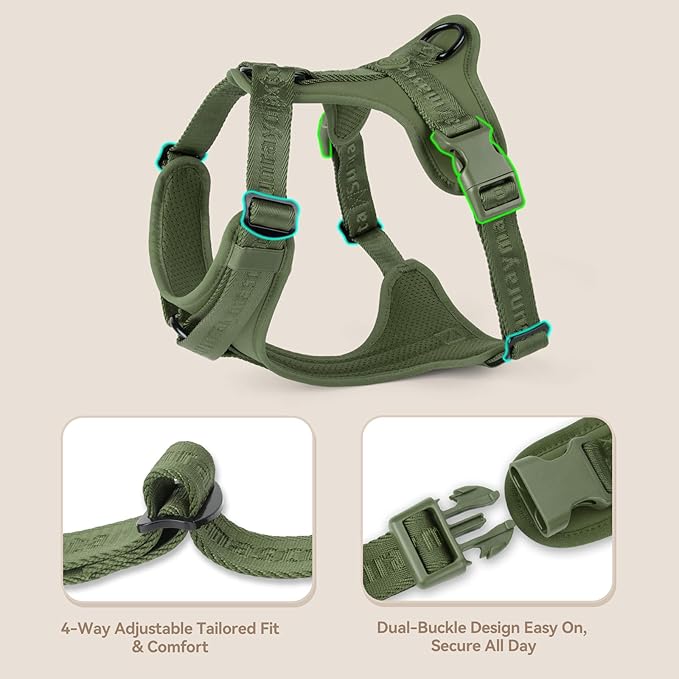 No Pull Dog Harness with Lycra, Three-Point Force Dispersion & 3D Padding, Adjustable Breathable Mesh for Small Medium Large Dogs(Misty Green,M)