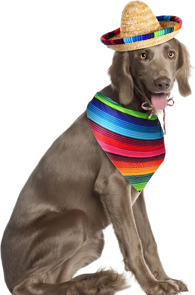 Saintrygo Dog Sombrero Hat Pet Christmas Costume Straw Mexican Hat and Dog Bandana Pet Triangle Bib for Mexican Cowboy Christmas Decorations