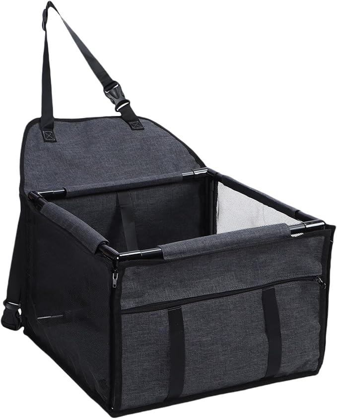 Dog Car Seat Foldable Pet Carrier Crate with Breathable Mesh for Travel Road Trip Indoor Outdoor Use Oxford Cloth PVC Material 39x39x27cm (Black Gray)