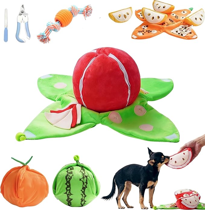 Orange Hide and Seek Plush Dog Toy, Interactive Squeaky Puzzle Toy with Hidden Pockets & Crinkle Paper, Watermelon Snuffle Mat for Small Medium Dogs Boredom Nosework (Watermelon)