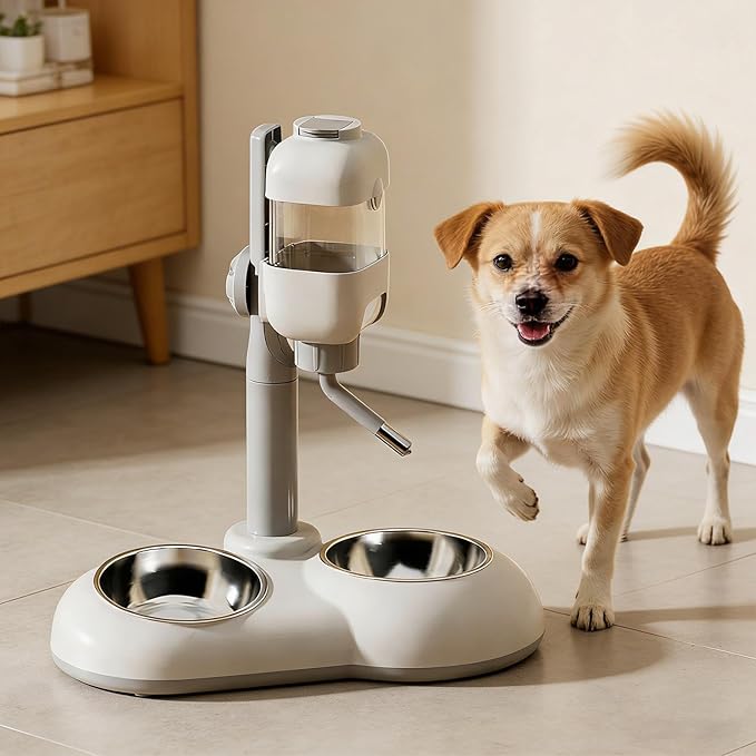 Pet Standing Water Dispenser Dog Bowl 2 in 1 Adjustable Height Pet Feeder Waterer with Two Steel Bowl for Ferrets Kittens Cat, Brown