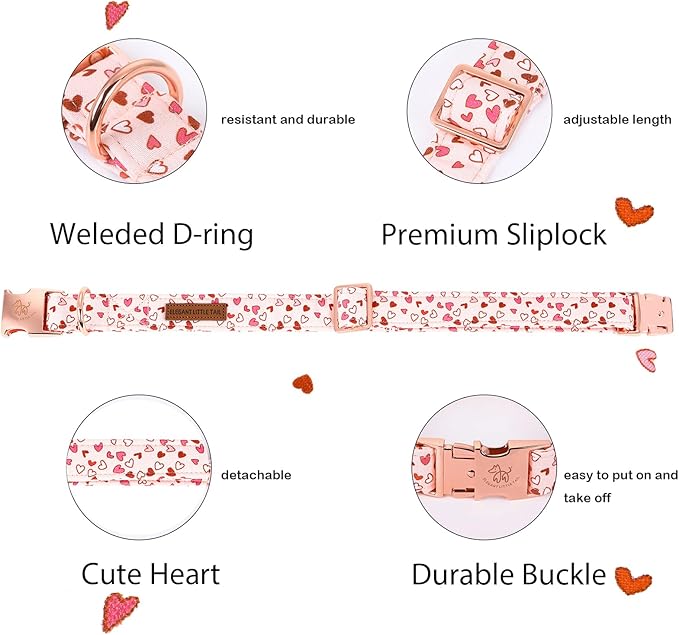 Elegant little tail Valentine's Dog Collar, Pink Heart Dog Collars Cute Girl or Boy Puppy Gift Adjustable Pet Collar for Small Dogs