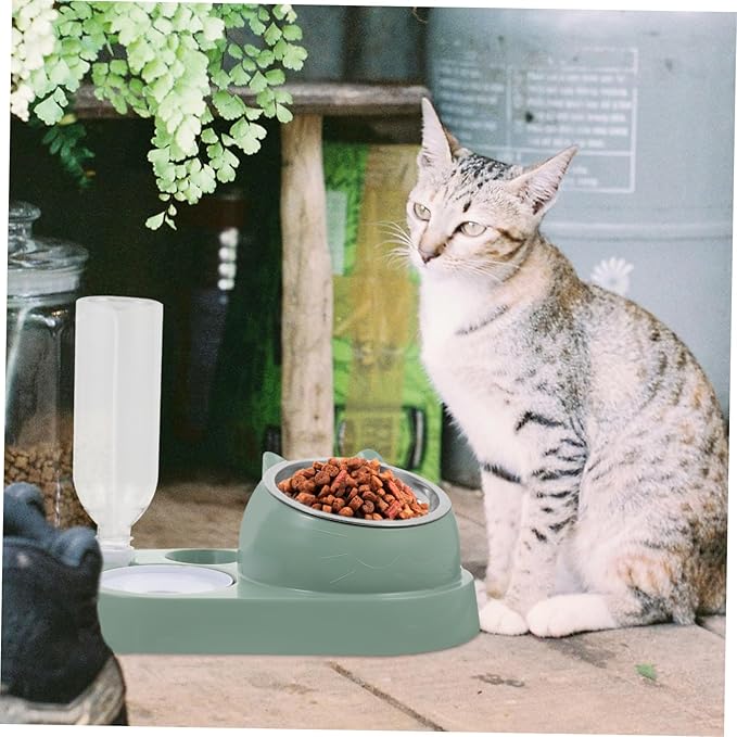 Automatic Pet Feeder and Water Dispenser Durable Dual Bowl and Cats Bite-Resistant with Stainless Steel for Home Use Dark Green Color