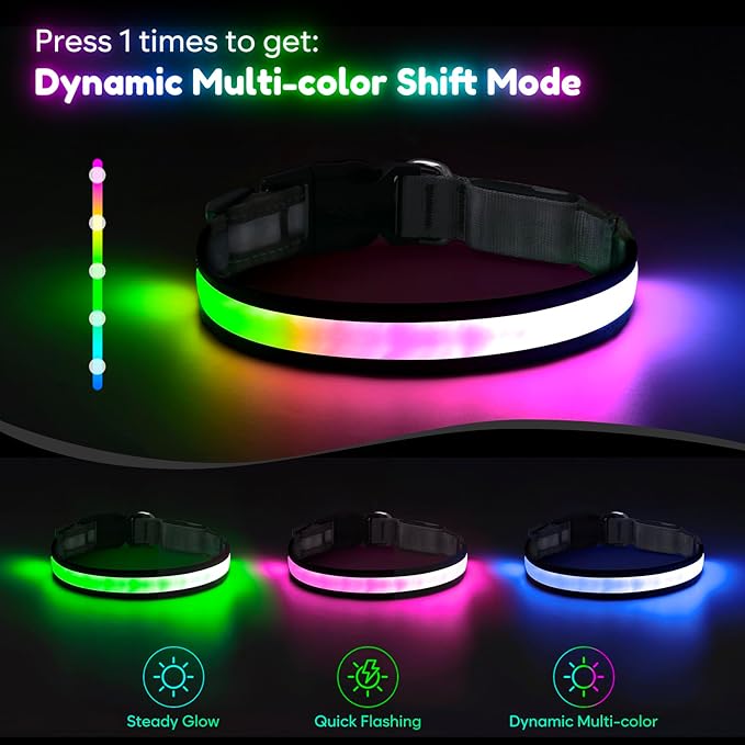 Light up Dog Collar - Multi-Color LED Dog Collar, USB-C Rechargable with Battery Indicator, Waterproof and Adjustable Rainbow Collar for Dogs(Medium)