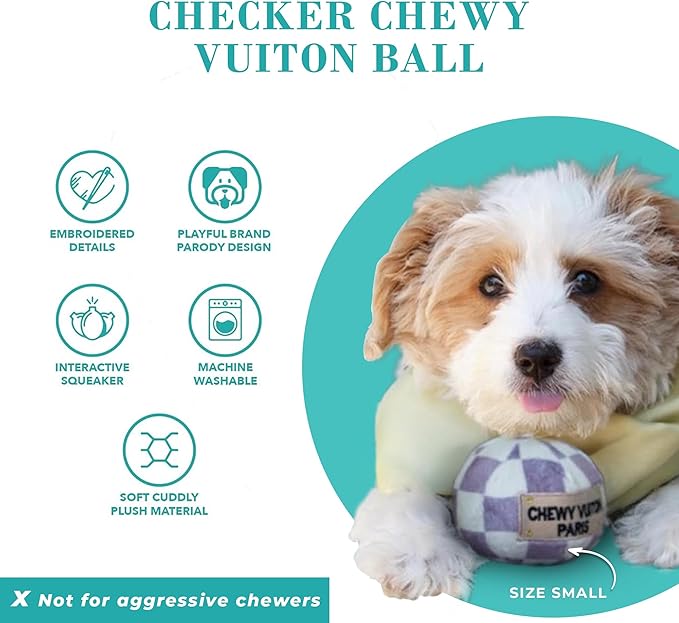 Haute Diggity Dog Checker Chewy Vuiton Ball, Plush Designer Dog Toys with Interactive Squeaker, Stimulating Pet Enrichment, Machine-Washable & Safe Materials for All Breeds, Size Small