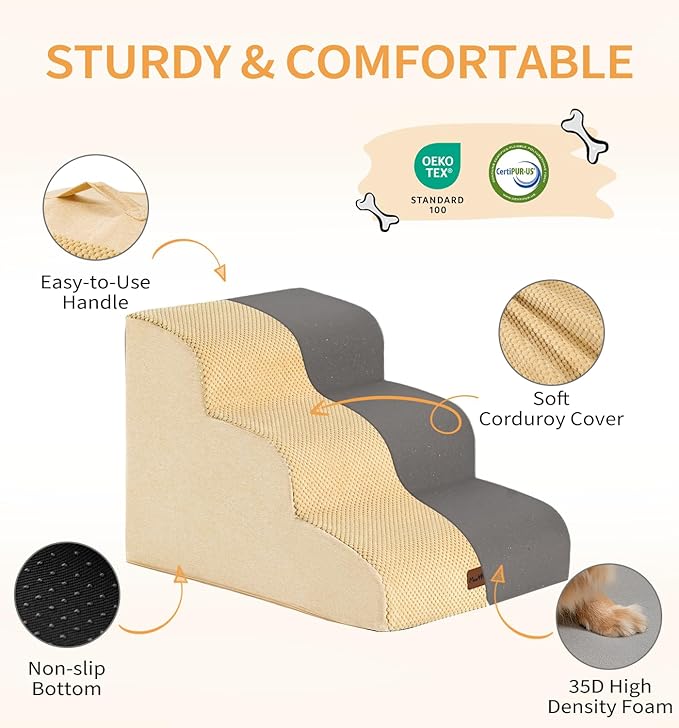 Made4Pets Dog Stairs Ramp for Bed 19.7" H, 4-Step Dog Steps for High Bed Couch Sofa Climbing, 35D Foam Pet Steps for Small Dogs and Cats, Non-Slip Bottom Pet Stairs, Tan