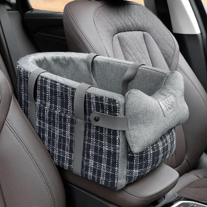 Pet Car Seat for Small Dogs & Cats, Large Space with Soft Cushion, Removable Design, Secure Straps, Fits Most Vehicles (Blue-Grey Plaid, 9.8 * 17.7 * 9.8 inches)
