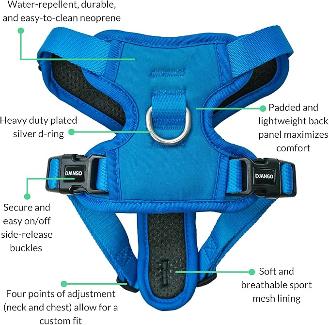 DJANGO Tahoe No Pull Dog Harness – Escape-Proof Dog Harness for Medium & Large Dogs with Front & Back Clips for Everyday Use – Adjustable, Padded, Reflective, Secure, Easy On/Off – Alpine Blue, Large