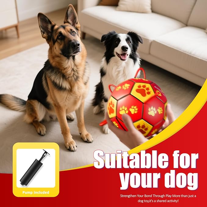 Size 3 Dog Soccer Ball with Straps Durable Training Ball for Pets Interactive Outdoor Dog Toy, Red & Yellow, Paw Prints Design, for Medium & Large Dogs' Playtime