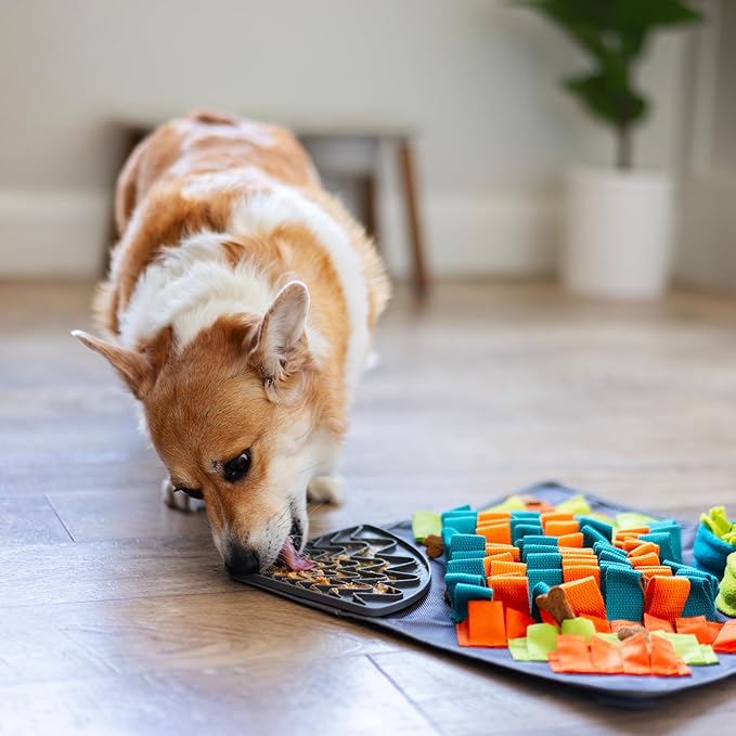 Messy Mutts Square 16" x 16" Forage and Lick Mat with Non-Slip Suction Cups | Stimulating Sniffing Interactive Puzzle for Dogs | Silicone Triangle Licking