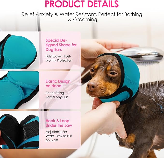 KOESON Dog Calming Hoodie - No Shake Ear Wraps for Dogs, Anxiety Relief & Noise Protection, Water Resistant Pet Ear Cover Muffs for Firework, Grooming, Thunderstorms, Swimming, Bathing, Turquoise L