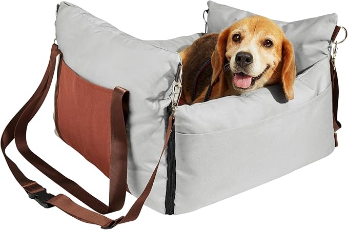 Happybuy Dog Car Seat, Waterproof Dog Booster Seat for Car with Side Handles and A Storage Pocket, Clip-On Safety Leash and PP Cotton Filling, Dog Car Bed for Small Dog up to 25lbs, Gray