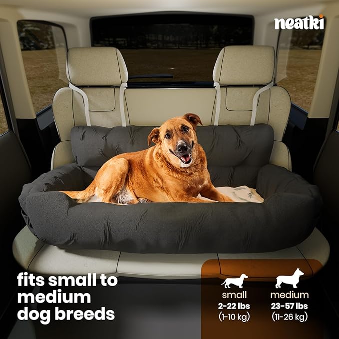 Dog Car Seat, Pet Booster Seat, Adjustable Straps, 2 Safety Leashes, Reversible Cushion, Side Pockets, Non-Slip Bottom (Gray, Small to Medium Dogs)