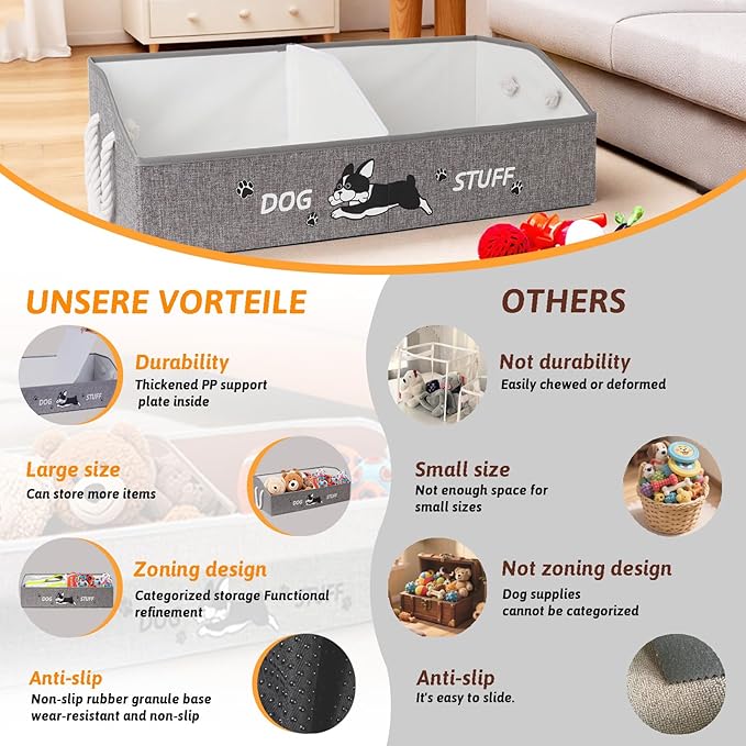 Large Dog Toy Basket with Handles, 28.5" Collapsible Multi-Purpose Hard Board Dog Toy box, Clothes, Dog toy storage (Grey,Cream)