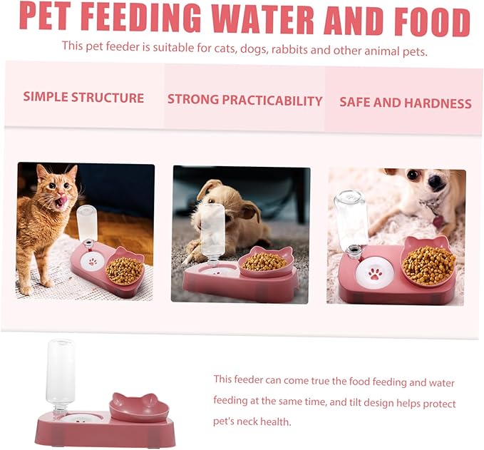 Sosoport Automatic Cat Food and Water Set Non-Slip Base Detachable Bottle Pet Feeder Dispenser for Dogs and Cats