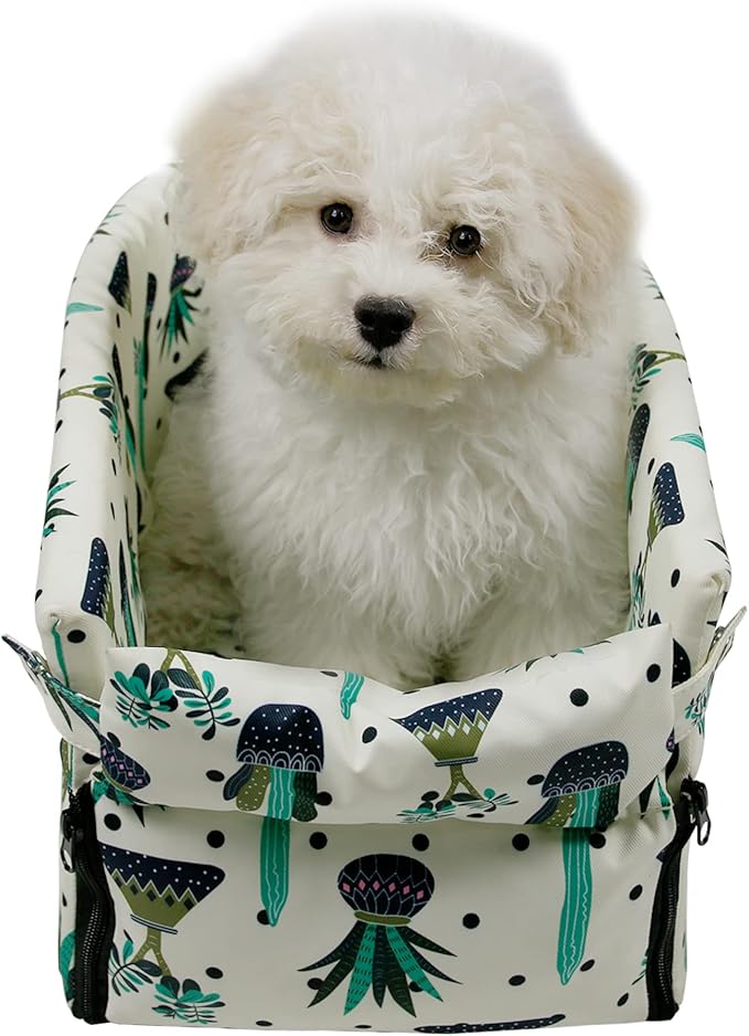 Pet Safety Booster Seat, Center Console Car Seat for Small Dogs Cats, Puppy Armrest Booster Seat, Pet Washable Travel Armrests Bed Bag, Removable Dog Car Seat for Small Pets Up to 13 Lbs (Cactus)