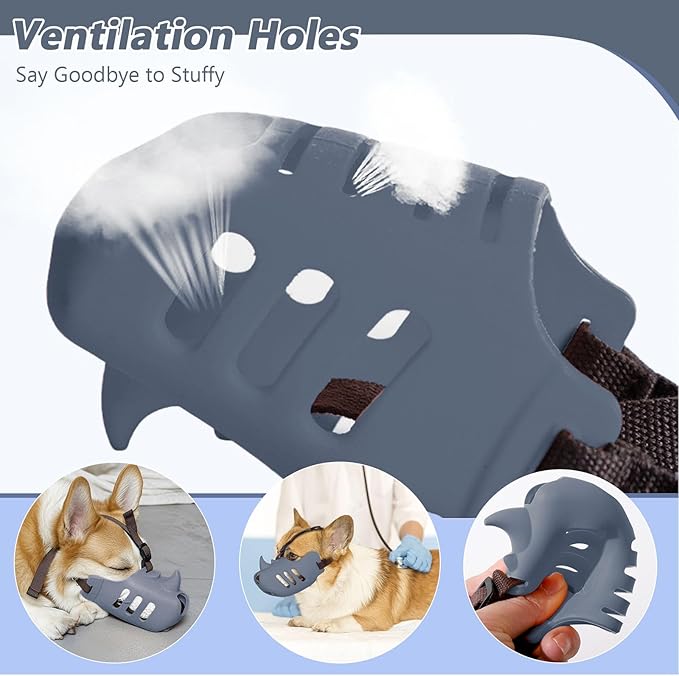 NACOCO Anti Bite Dog Muzzle - Dog Soft Mouth Rhino with Adjustable Strap Covers Breathable Silicone Cage Pet for Biting Chewing Small Medium (Grey Rhino, S)