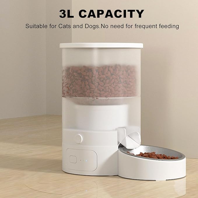 3L Automatic Pet Feeder, Stainless Steel Bowl Feeder for Cats Dogs, Dual Power Supply, Food Container Visible Design Pet Food Dispenser Timed and Portioned Feeding for Cats Dogs