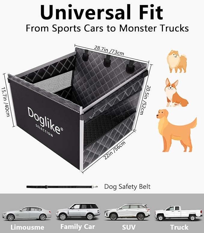 Doglike Dog Car Seat with Removable Cushion for Large Medium Dogs - 7-Layer Waterproof Hard Bottom Back Seat Extender, Spacious Pet Car Seat for SUV/Truck/Home, 2025 Upgraded