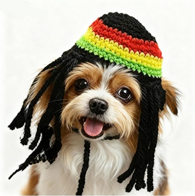 Puppy Knitted Hat & Wig | Winter Dog Bonnet，Keep Your Small Dog Warm and Stylish in This Soft, Knitted Winter hat with Attached Dreadlocks. Perfect for Christmas, and Holiday photoshoots