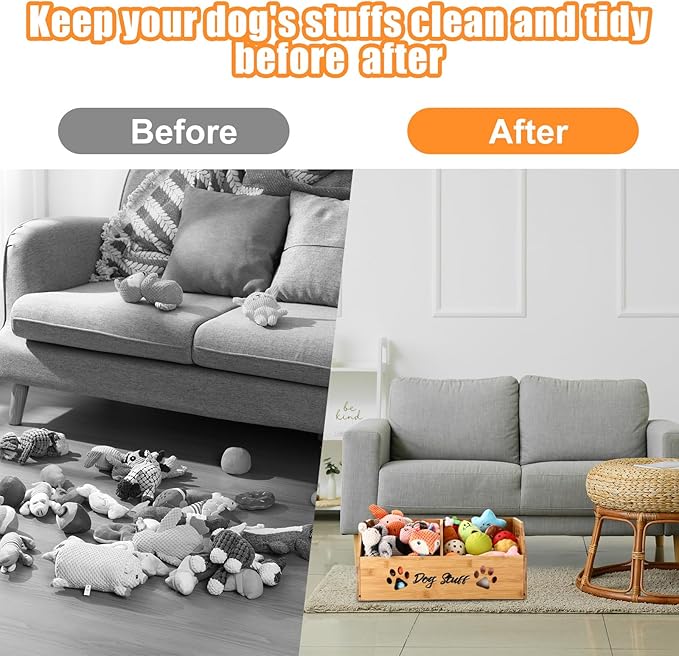 Leinuosen Large Dog Toy Bin Basket, 20 Inch Large Stuff Toy Storage Basket Bin with Bone Handle Cutout Pattern Bamboo Container for Organizing and Storage Dog Leash Chew Toys, (Natural, Divided)