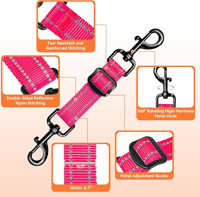Dog Collar Safety Clip, Adjustable Backup Safety Strap, Double-Ended Leash Connector, High Reflectivity, Suitable for Dog Harnesses to Collar Safety Clips (Pink)
