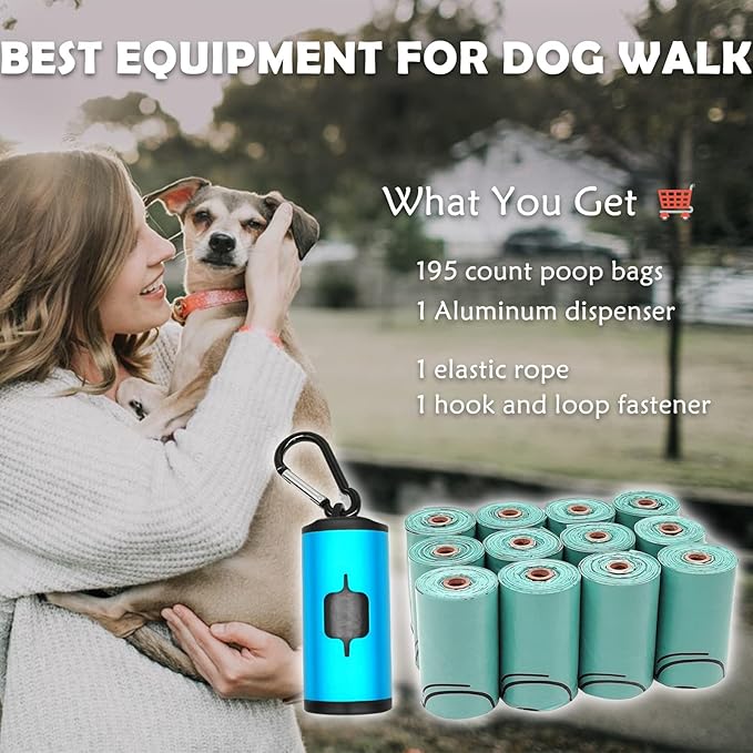 Aluminum Dog Poop Bags Holder with Carabiner Metal Pet Waste Bags Dispenser with Hook and Loop Fastener and Elastic Cord to Carry Used Bags (Blue)