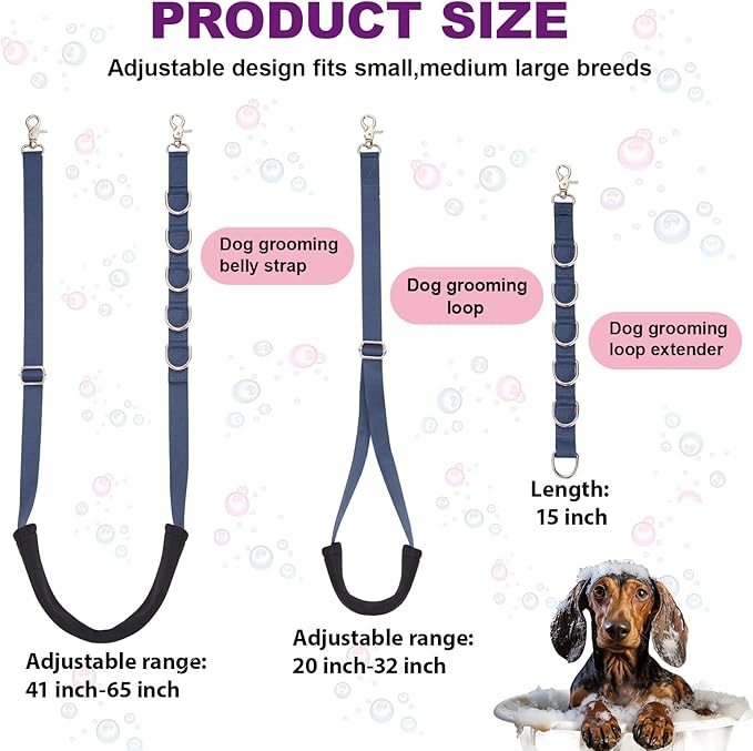 Dog Grooming Belly Strap - 3PCS Grooming Restraint Set Adjustable Belly Band Loops Strap with Padded Support & Loop Extension Straps Pet Grooming Harness Kit for Dogs (Royal Blue)