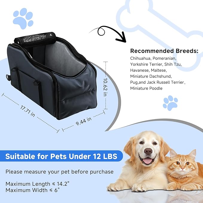 Center Console Dog Car Seat - Suitable for Small Dogs and Puppies Up to 12 lbs,Portable Armrest Booster with Safety Belt