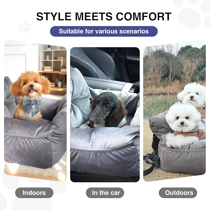 Pet Car Booster Seat for Small Dogs up to 25 lbs with Safety Straps, Storage Pockets, Travel Carrier Bed with Detachable Cover, Machine Washable (Gray)