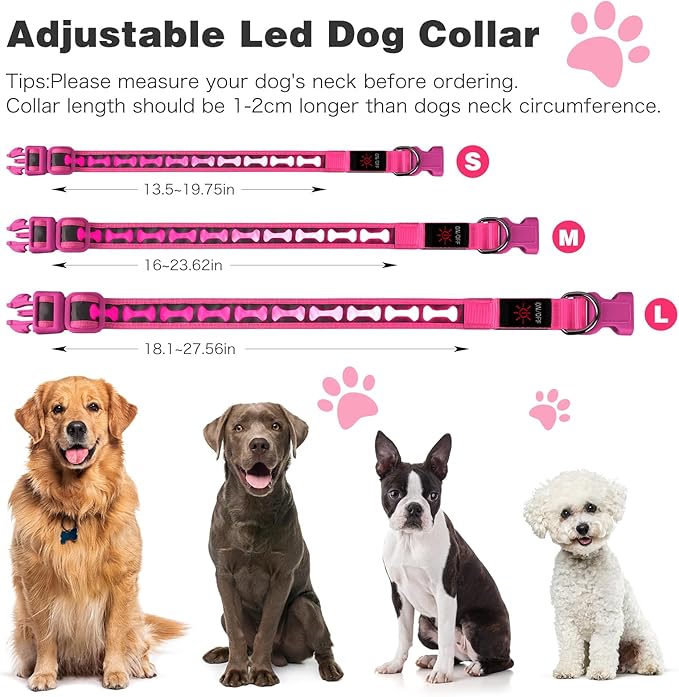 Flashseen Light Up Dog Collars, Adjustable LED Dog Collar Rechargeable, Glow in The Dark Dog Collars Super Bright Glow Collars for Night Walking for Dogs (Pink, Medium)