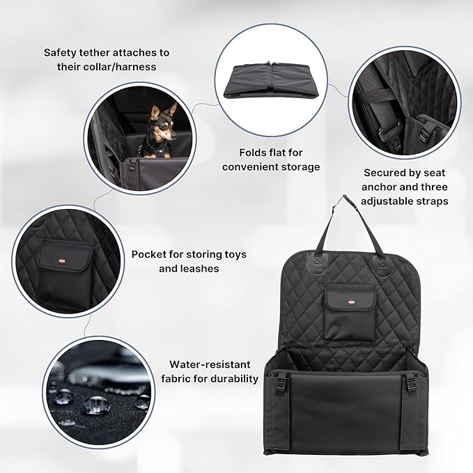 Trixie Lite Dog Car Seat 17.7 × 9.4 × 17.7 in – Foldable Booster with Safety Tether, Side Pocket & Fold-Down Panels – Travel Bed for Small Dogs with Water-Resistant Fabric