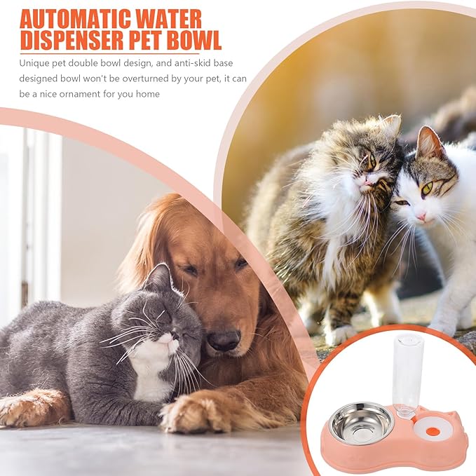 Kichvoe Automatic Pet Food and Water Dispenser Dual Bowl, Pink Plastic Feeder with Bottle for Cats and Dogs, Suitable for Home Feeding and Travel