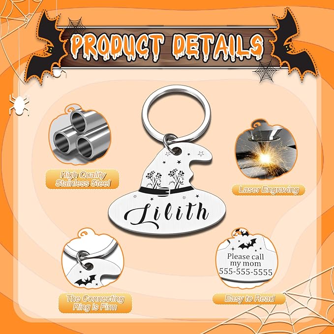 Personalized Halloween Cat Collar Tag – Goth Ghost Bat Pet ID Tags for Dogs & Cats, Spooky Accessories, Boo Basket Stuffers, Summon My Mom Dad, Cute Fall Gifts for Pets (Magic Hat-Shaped ID Tag)