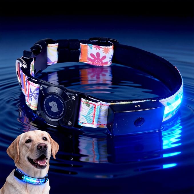 LED AirTag Dog Collar - Brightest Light Up Dog Collars - IP68 Waterproof Air Tag Dog Collar Holder - 1,600 Feet of High Visibility - Magnetic Charging - Dog Lights for Night Walking (Flower, M)