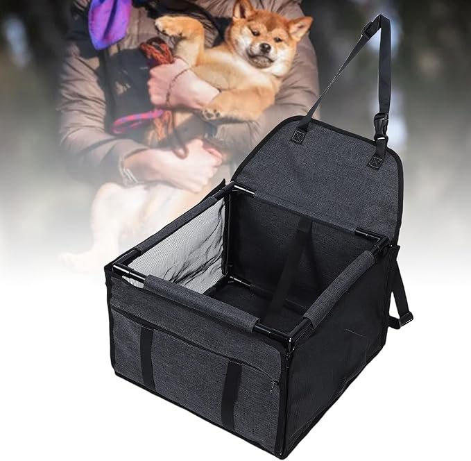 Pssopp Water Proof Dog Seat, Folding Pet Travel Crate Dog Car Seat Carrier with Breathable Mesh for Long Road Trip (Black Gray)