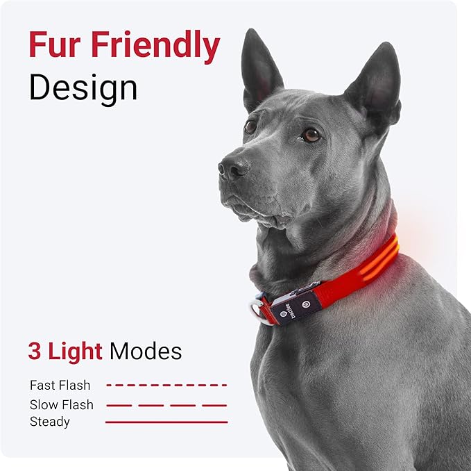 Tractive LED Light Up Dog Collar USB Rechargeable Waterproof (Red)