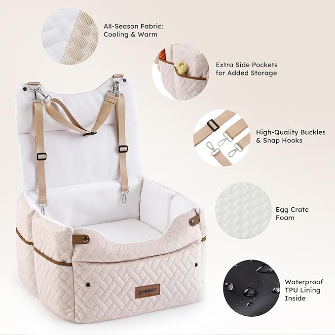 Elevated Dog Car Seat for Small Dogs, 3 Adjustable Heights with 2 Egg Crate Foam Boosters 4"+2", Dual-Sided Cooling&Plush Waterproof Cover, 2 Safety Leashes & Buckles, Beige