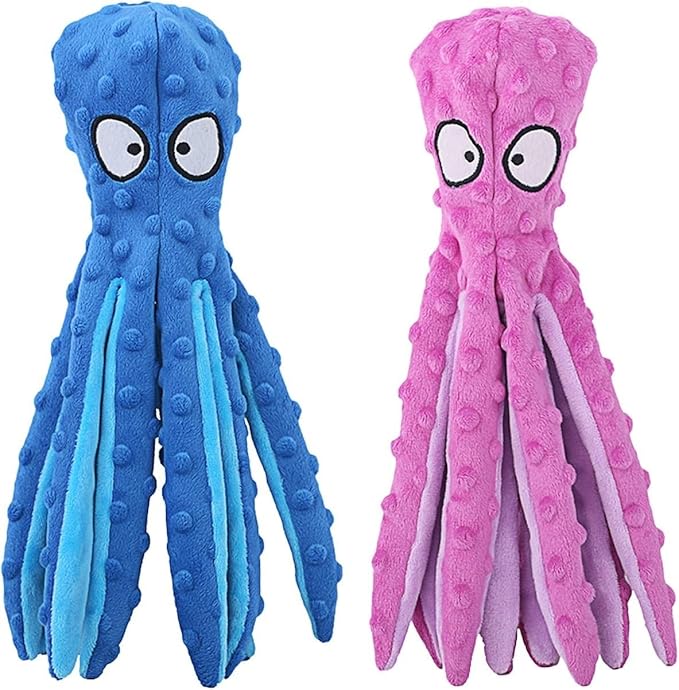 Bark & Brush Octopus Dog Toy 2-Pack – No Stuffing Squeaky & Crinkle Plush Dog Toys for Puppies & Dogs, Enrichment Chew Toy for Teething, Tug of War & Fetch