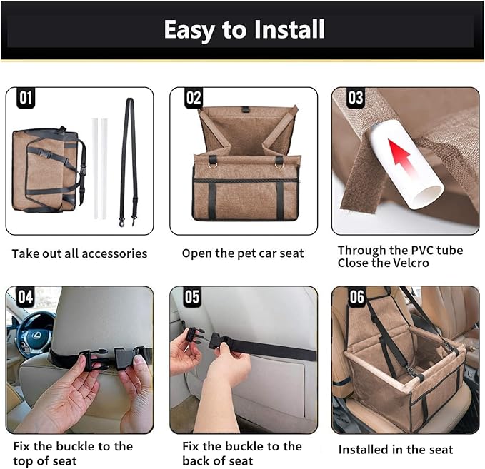 Dog Car Seat for Small Size Dog, Portable Cat Car Seat with Removable Safety Leash and PVC Support Pipe, Anti-Collapse Puppy Pet Car Seat Easy Assemble (Milky Coffee)