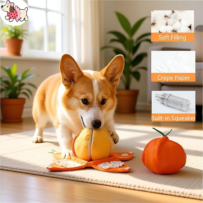 Orange Plush Dog Toy, 3 in 1 Interactive Puzzle Snuffle Toys with Hidden Pockets for Small Medium Dogs, Nose Work Pet Puzzle Toy for Boredom