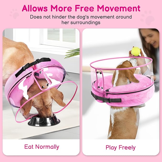 BARKLESS Inflatable Dog Cone, Protective Dog Surgery Collar to Stop Licking Biting Wounds, Patented Soft Donut Cone with Clear Shield, Adjustable Blow-up Collar for Surgery (Pink, M (Neck: 8"-11"))