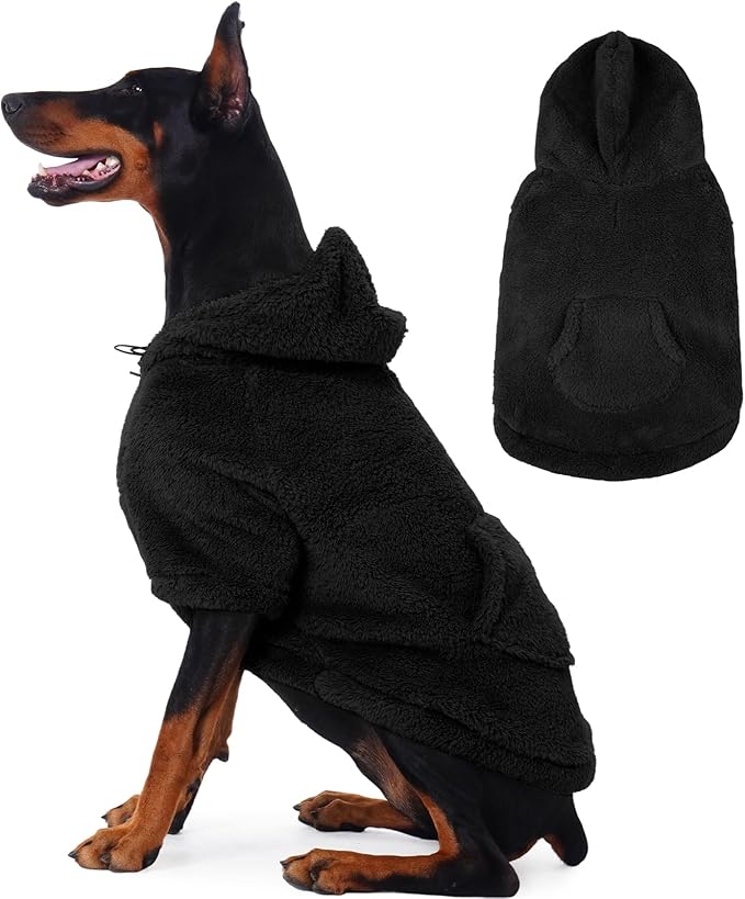 IDOMIK Fuzzy Dog Sweater with Adjustable Hood, Warm Fleece Dog Sweater Hoodie with Harness Hole & Pocket, Pullover Sweaters for Large Dogs, Fuzzy Hooded Sweatshirt for Fall Winter Christmas,Black,2XL