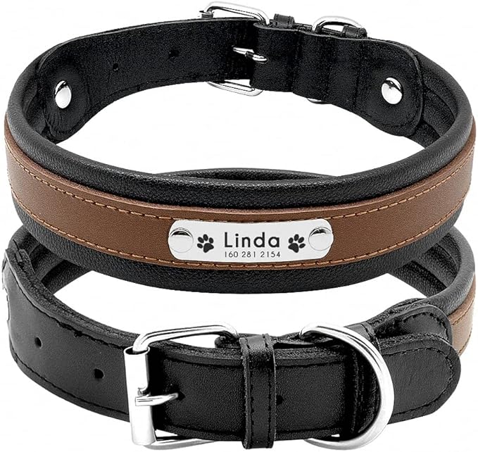 Large Dog Collar Genuine Leather Dog Collar Personalized Pet Name ID Collar Padded Customized for Medium Large Dogs Brown XL