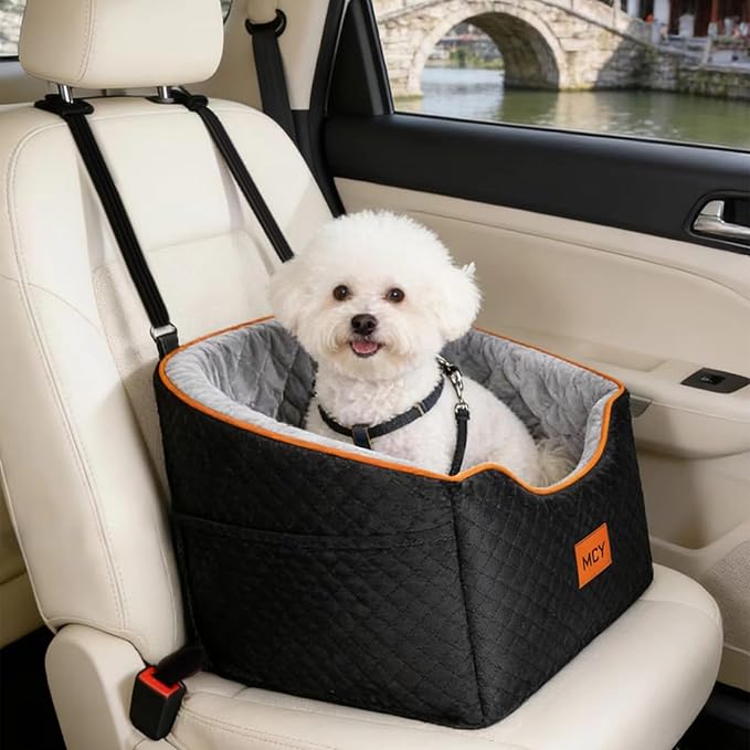 MCY Dog Car Seat for Small Dogs, Elevated Pet Car Seat, Travel Safety Pet Seat for Dogs up to 35 lbs, Memory Foam Booster Dog Seat with Washable Removable Cover, Storage Pockets, Black (Black-Gray)