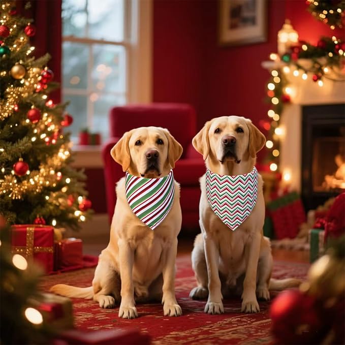 Christmas Dog Bandanas 2-Pack for Medium Large Dogs - Reversible Santa & Stripes Print Scarf, Red & Green Pet Costume Accessory for Holiday Parties